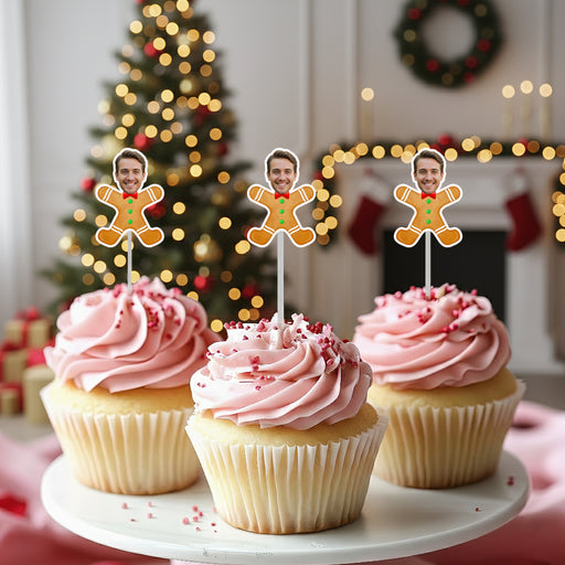 Personalized Gingerbread Cupcake Toppers – Custom Christmas Party Decorations with Your Photo
