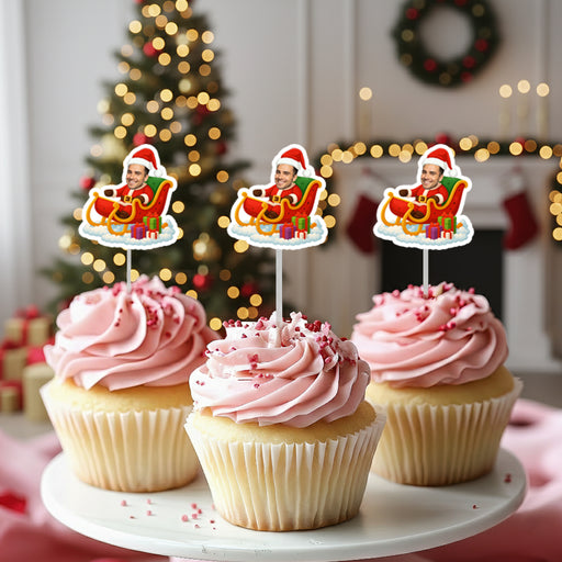 Personalized Santa Sleigh Cupcake Toppers – Custom Christmas Party Decorations with Your Photo