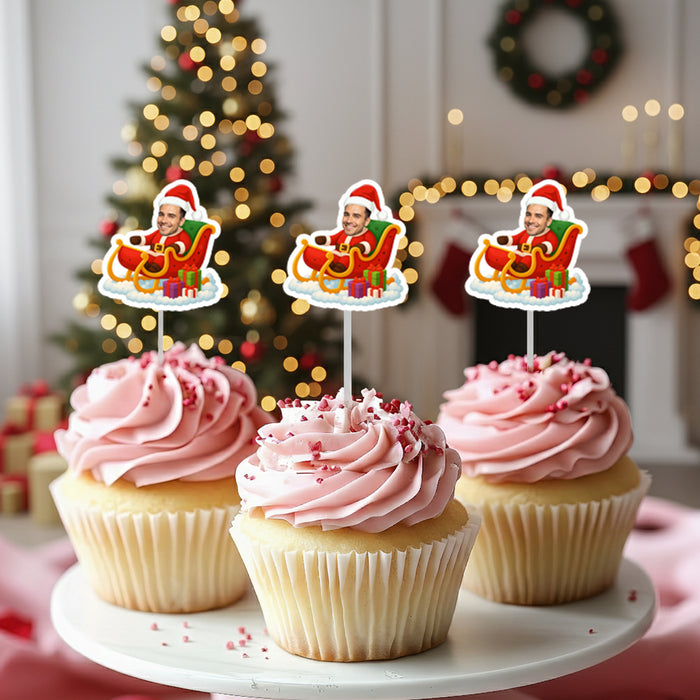 Personalized Santa Sleigh Cupcake Toppers – Custom Christmas Party Decorations with Your Photo