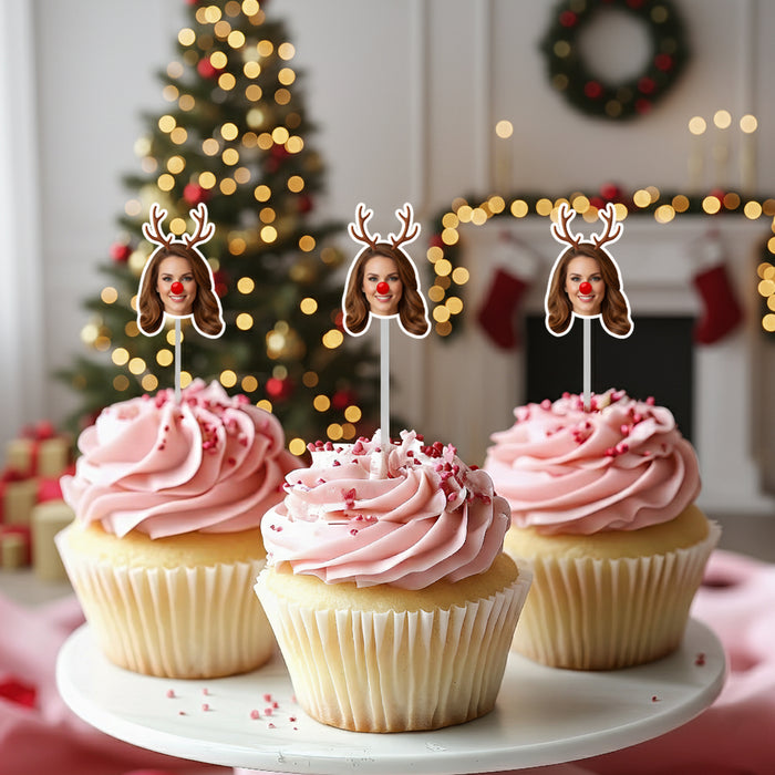 Personalized Reindeer Cupcake Toppers – Custom Christmas Party Decor with Your Photo