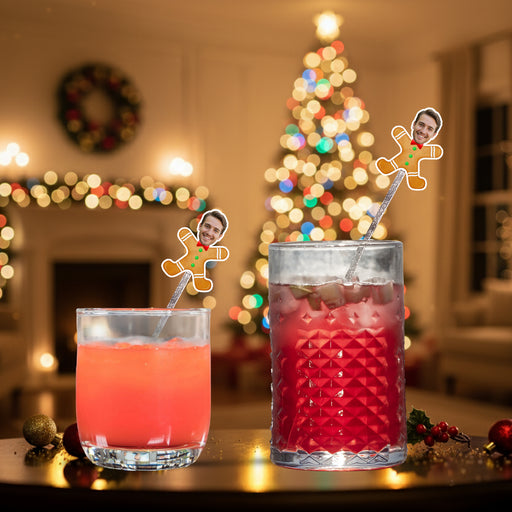 Personalized Gingerbread Swizzle Sticks – Custom Christmas Drink Stirrers with Your Photo