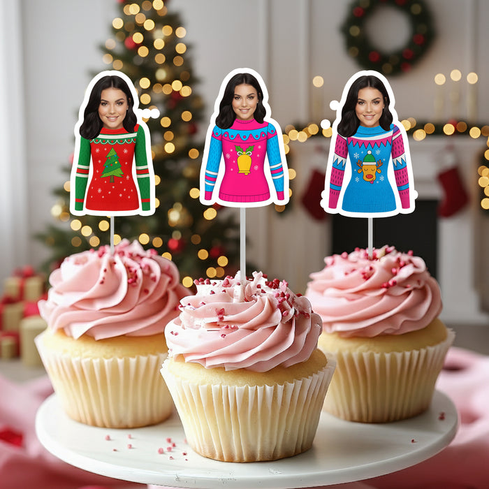 Personalized Ugly Sweater Cupcake Toppers – Custom Christmas Party Decorations with Your Photo