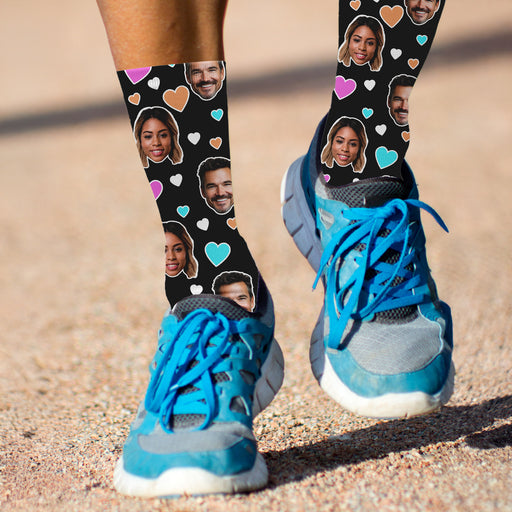 Bleu Reign Custom Couple Photo Socks – Personalized Face Socks with Colorful Hearts