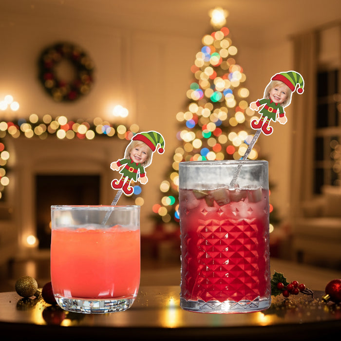 Personalized Elf Swizzle Sticks – Custom Christmas Cocktail Stirrers with Your Photo