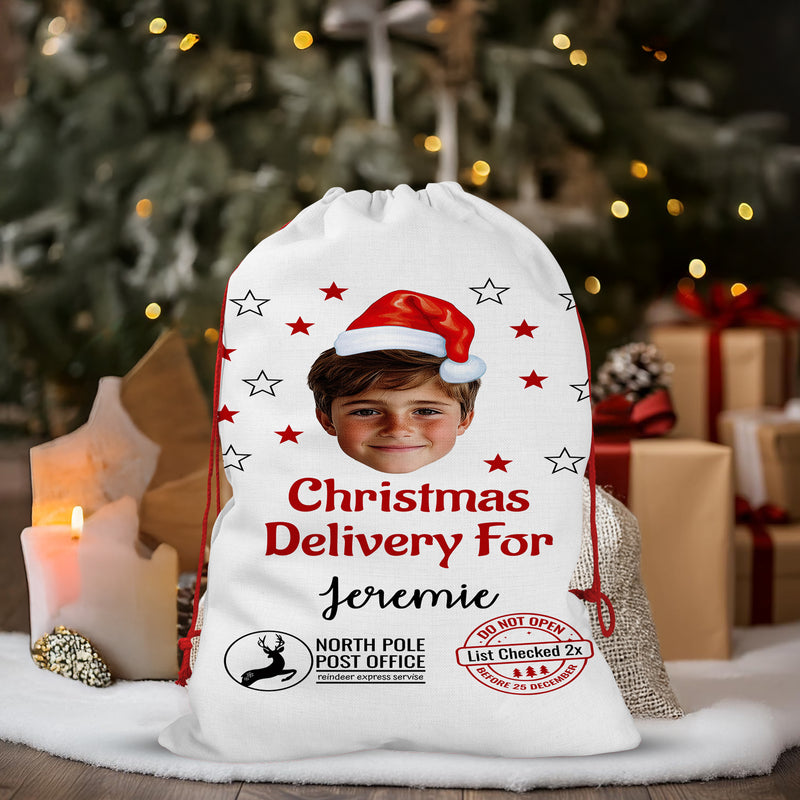 Bleu Reign Personalized Santa Sack Gift Wrap Bag - Upload Your Face - For Children Kids Boy Girl Daughter Son Family - Christmas Birthday Custom Name Santa Helper Picture Photo Image