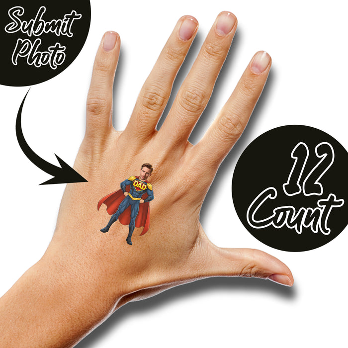 Personalized Cape Super Dad Temporary Tattoos – Custom Father's Day Birthday Party Decor