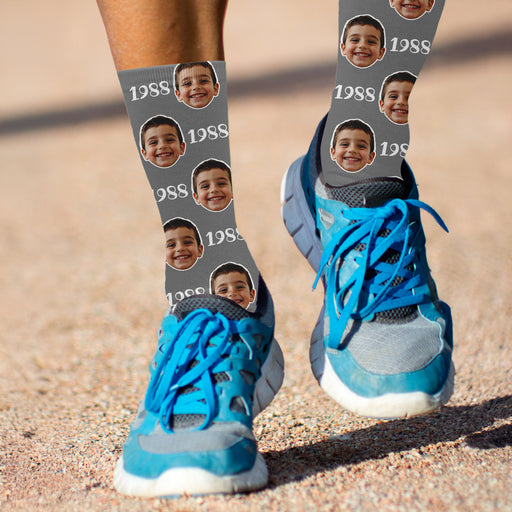 Bleu Reign Custom Year Photo Socks – Personalized Face Socks with Birth Year Text