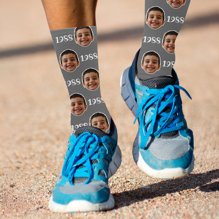 Bleu Reign Custom Year Photo Socks – Personalized Face Socks with Birth Year Text