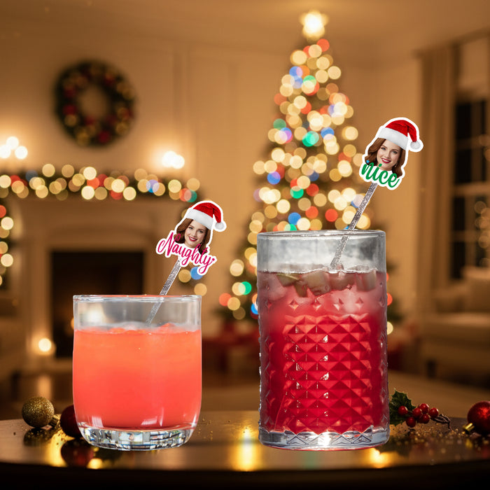 Personalized Naughty or Nice Swizzle Sticks – Custom Christmas Drink Stirrers with Your Photo