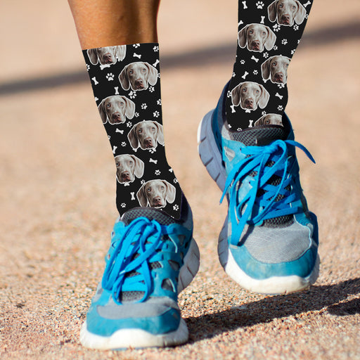 Bleu Reign Custom Dog Face Socks – Personalized Pet Photo Gift with Paws & Bones Design