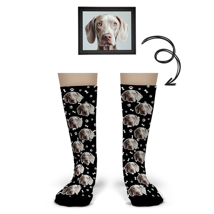 Bleu Reign Custom Dog Face Socks – Personalized Pet Photo Gift with Paws & Bones Design