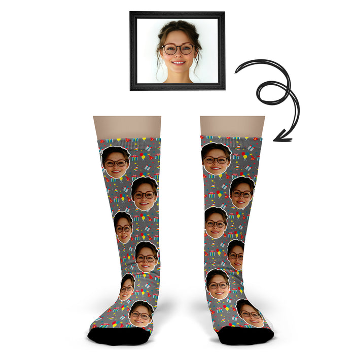 Bleu Reign Custom Christmas Socks – Personalized Face Photo Gift with Presents Background