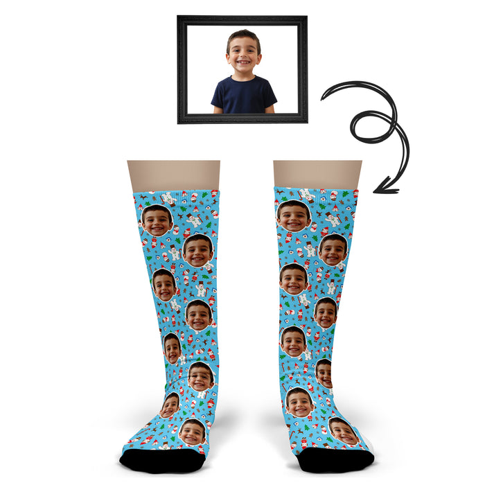 Bleu Reign Custom Christmas Socks – Personalized Face Photo Gift with Snowman & Elf Design