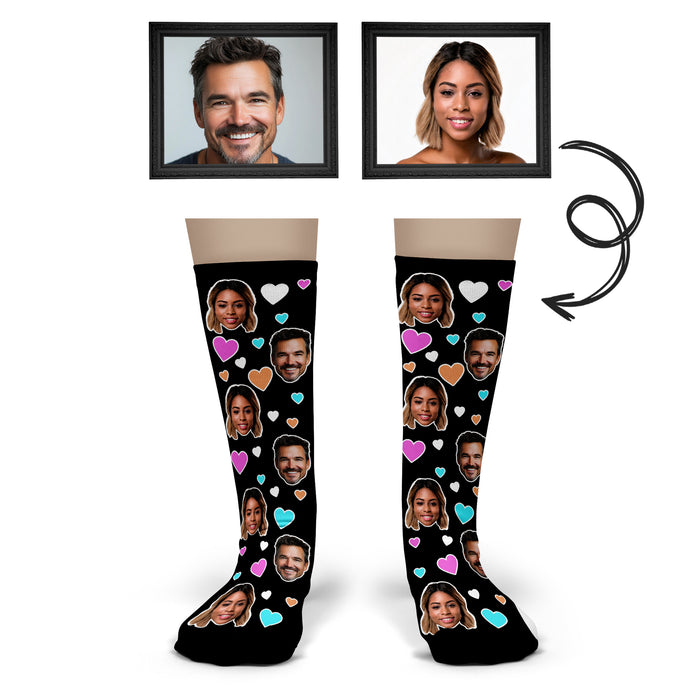 Bleu Reign Custom Couple Photo Socks – Personalized Face Socks with Colorful Hearts
