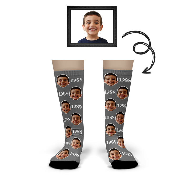Bleu Reign Custom Year Photo Socks – Personalized Face Socks with Birth Year Text