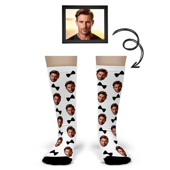 Bleu Reign Custom Bow Tie Socks – Personalized Face Photo Tuxedo Gag Gift