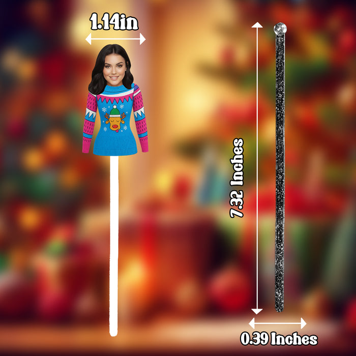 Personalized Ugly Sweater Swizzle Sticks – Custom Christmas Drink Stirrers with Your Photo