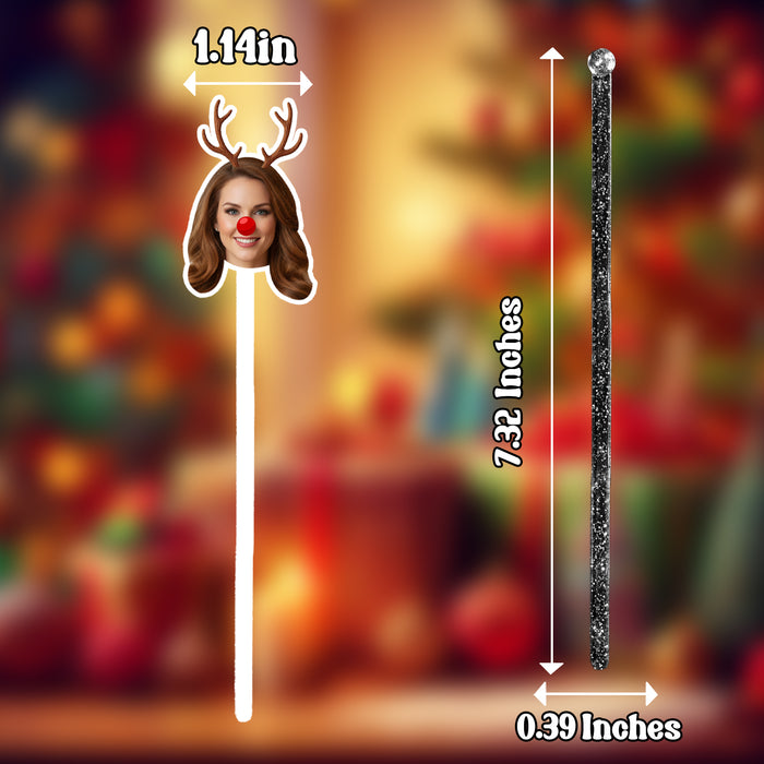 Personalized Reindeer Swizzle Sticks – Custom Christmas Drink Stirrers with Your Photo