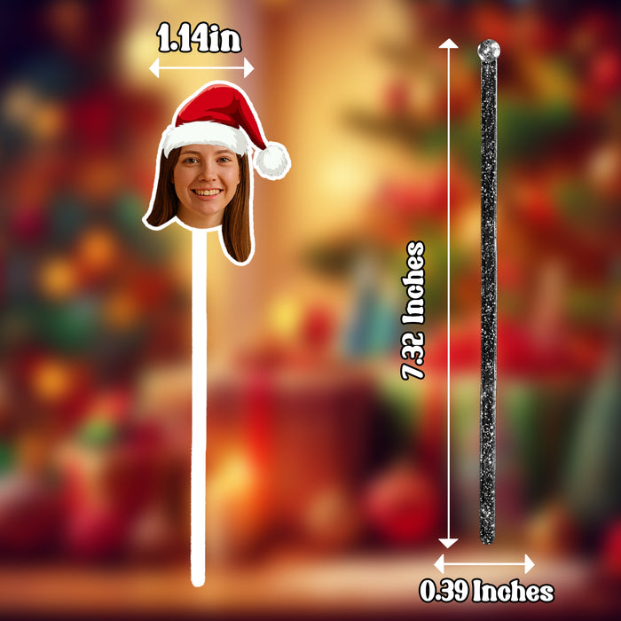 Personalized Santa Hat Swizzle Sticks – Custom Christmas Drink Stirrers with Your Photo