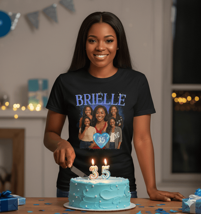 Custom Birthday Photo T-Shirt with Name – Retro Bootleg Lightning Celebration Design