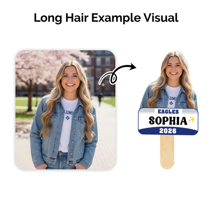 Long Hair Example visual for Personalized Dance Cheer Fan Stick with your face, name and team name on it