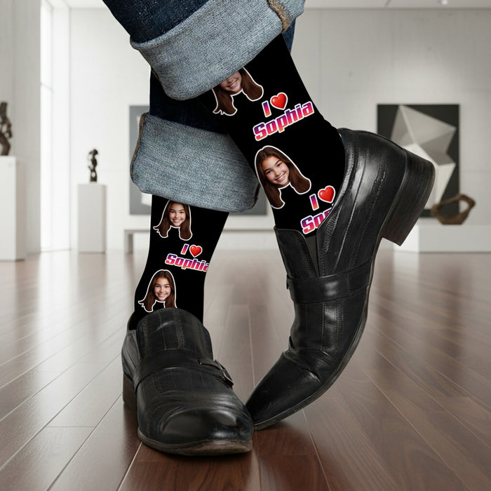 Custom I Love Name Socks – Personalized Face & Text Photo Gift