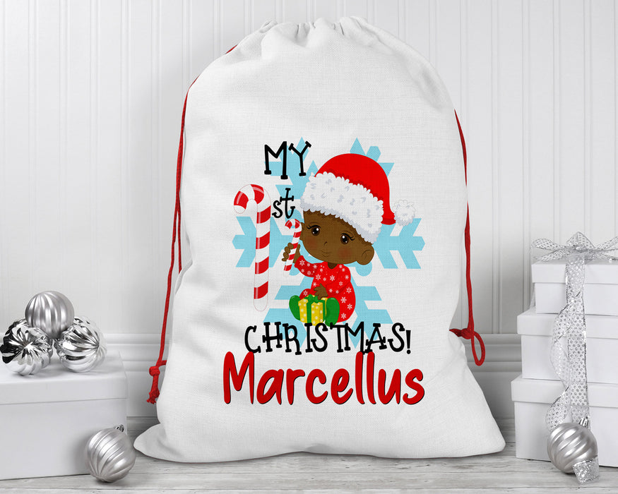 Black Santa Personalized Reusable Santa Sack - My First Candy Cane