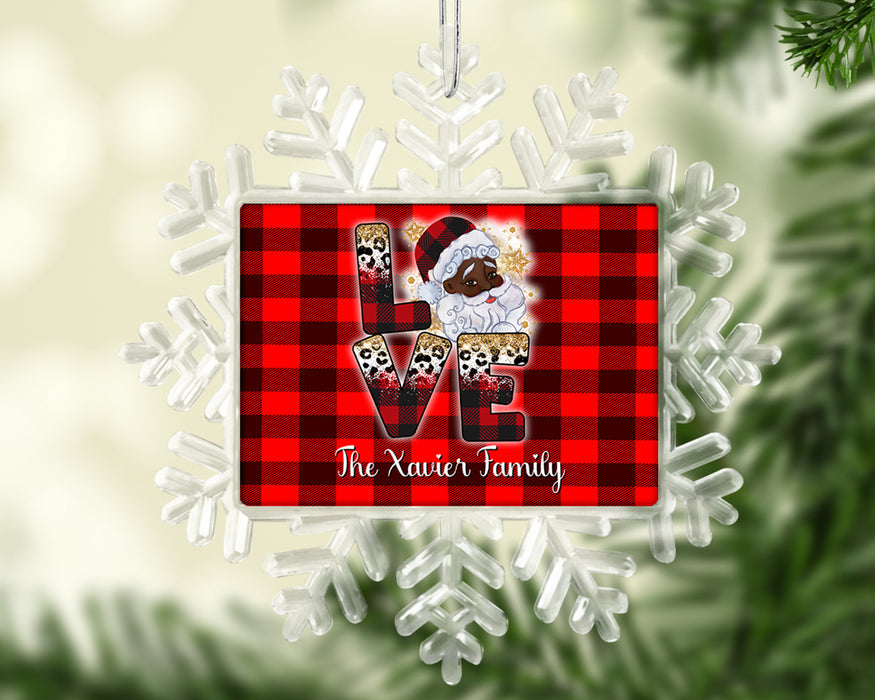 Black Santa Personalized Christmas Tree Ornament - Black Santa Custom Family Name Gold Snowflakes Tree