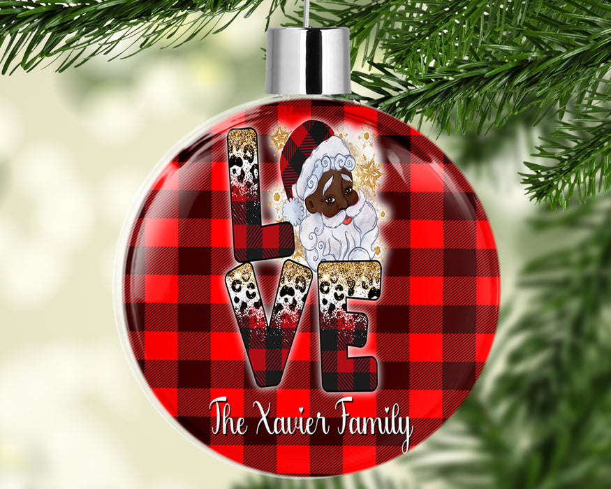 Black Santa Personalized Christmas Tree Ornament - Black Santa Custom Family Name Gold Snowflakes Tree