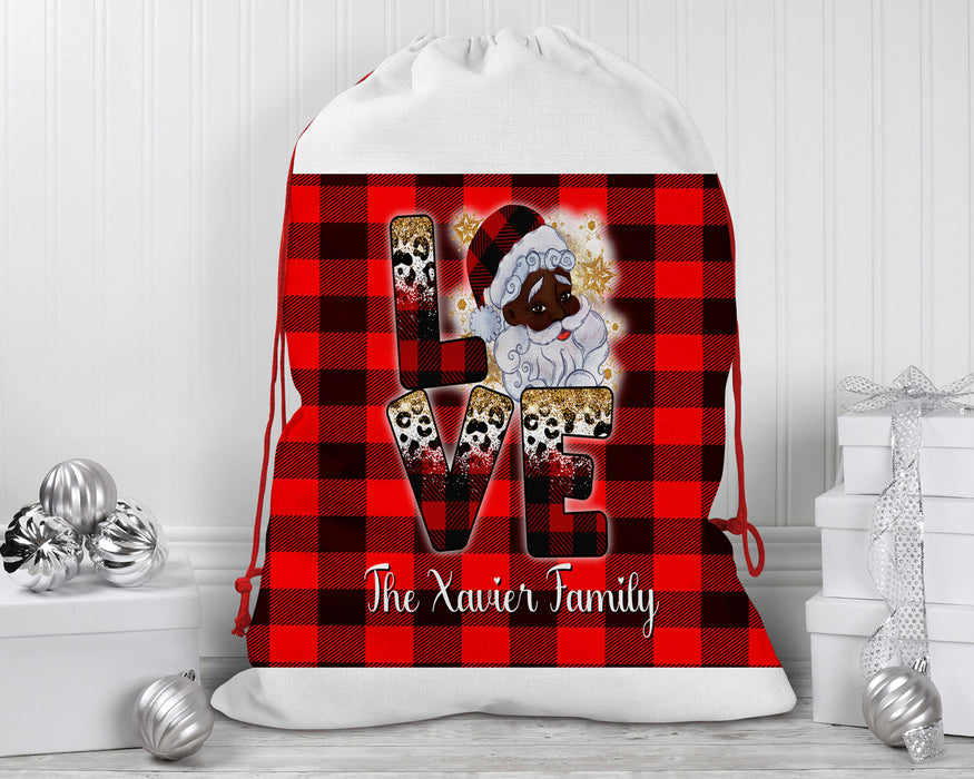 Black Santa Personalized Reusable Santa Sack - Black Santa Custom Family Name Gold Snowflakes