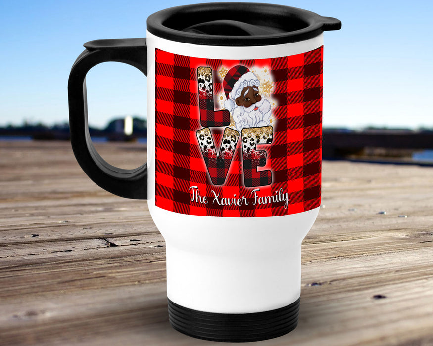 Black Santa Personalized 14oz Insulated Travel Mug - Black Santa Custom Family Name Gold Snowflakes