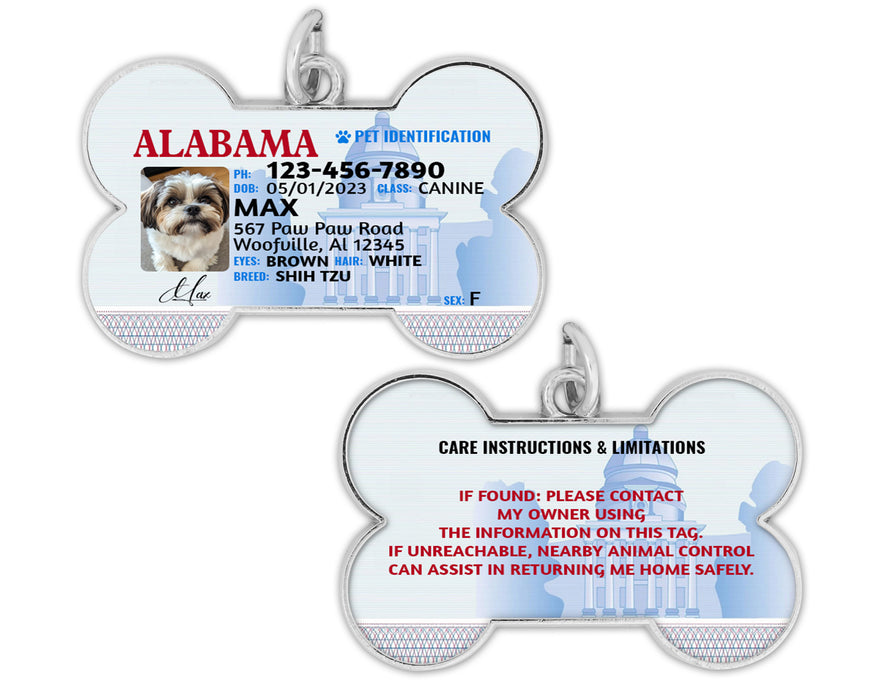 Bleu Reign Personalized Dog License Tag - 50 State Custom Photo Pet ID - Funny Dog Bone Shaped