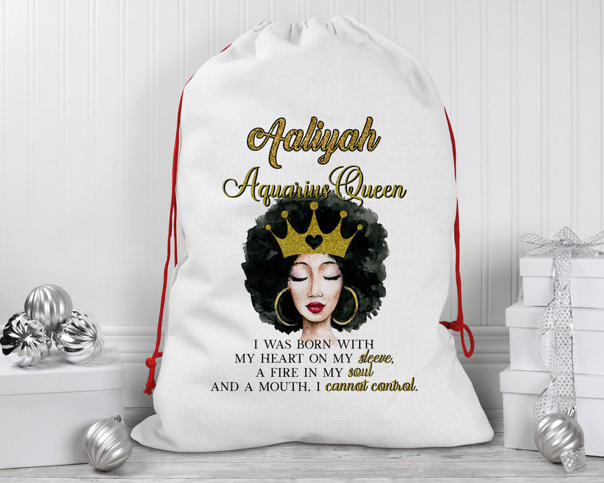 Beautiful Gold Crown Black Queen Zodiac Birthday Month Personalized Reusable Santa Sack