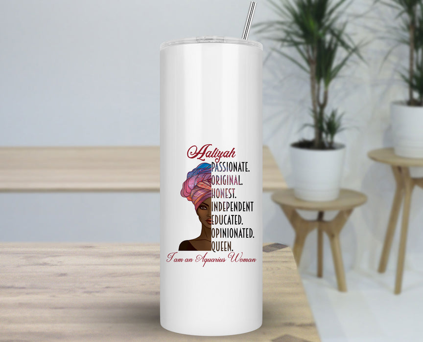 Beautiful Black Woman Zodiac Queen Birthday Personalized 30oz Travel Skinny Tumbler