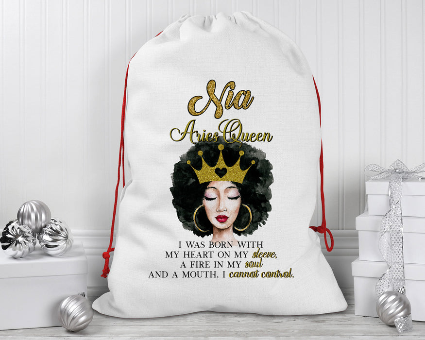 Beautiful Gold Crown Black Queen Zodiac Birthday Month Personalized Reusable Santa Sack