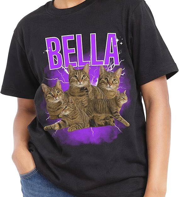 custom pet photo t shirt,
personalized pet shirt,
pet photo t shirt with name,
Black t-shirt with 'Bella' and cat graphics on a purple background