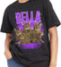 custom pet photo t shirt,
personalized pet shirt,
pet photo t shirt with name,
Black t-shirt with 'Bella' and cat graphics on a purple background