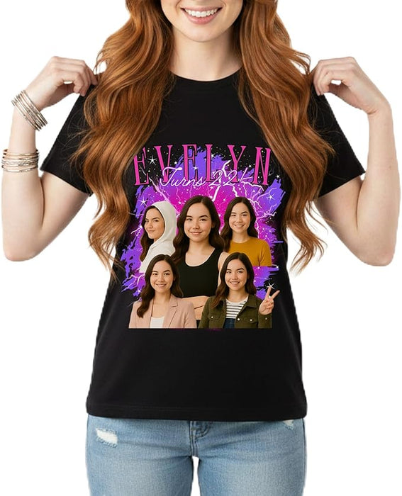 Person wearing a black t-shirt with a graphic design of six women and text 'Evelyn Turns 24'.