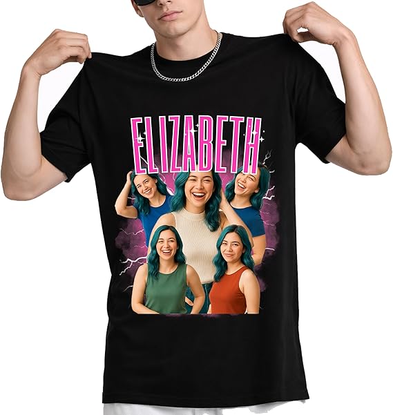 personalized photo t shirt,
custom photo t shirt with name,
photo collage t shirt, Black t-shirt with a graphic design of a woman with colorful hair and the name 'Elizabeth' displayed.