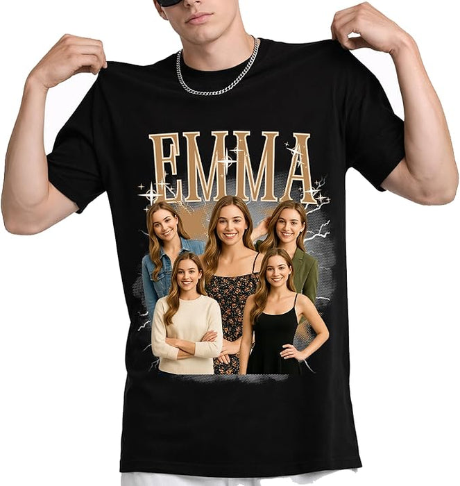 Person wearing a black t-shirt with a graphic of five women and the name 'EMMA'.
