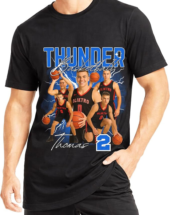 Black t-shirt with basketball-themed design featuring players and 'Thunder' text.