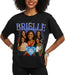 Person wearing a black t-shirt with a graphic design featuring the name 'BRIELLE' and images of women.