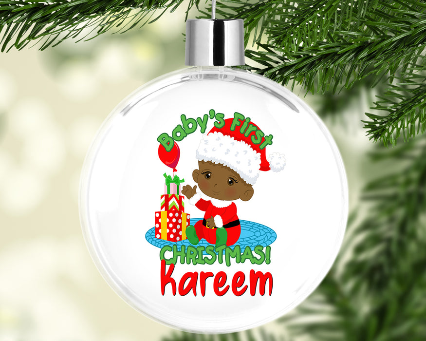 Black Santa Personalized Christmas Tree Ornament - Baby Boy First Christmas Tree