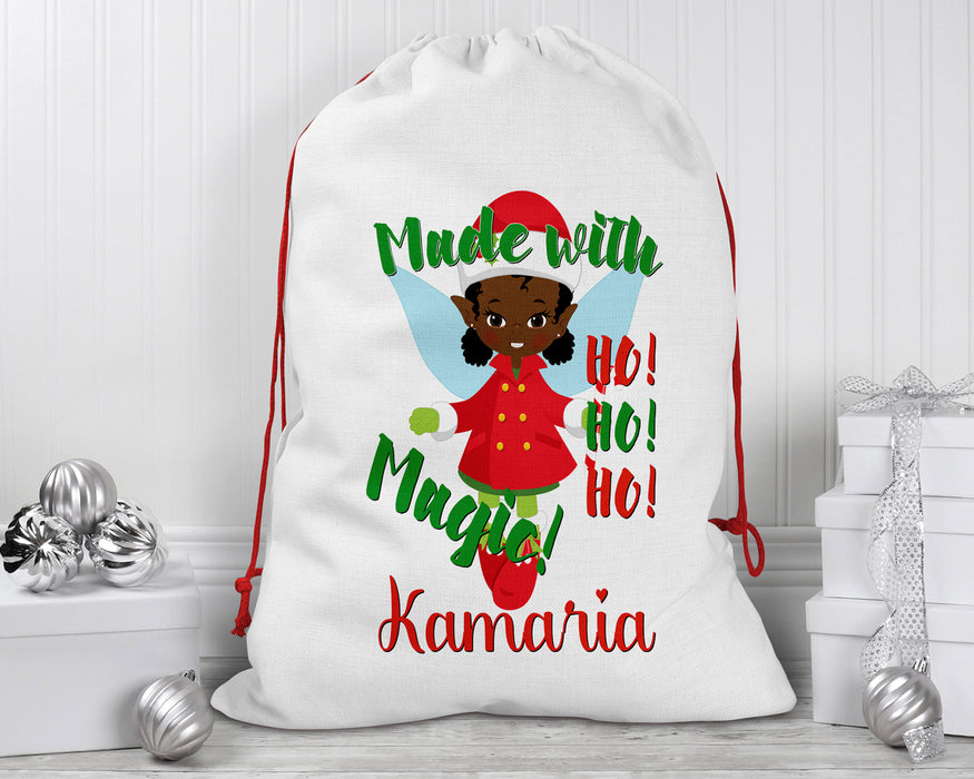 Black Santa Personalized Reusable Santa Sack - Black Girl Magic Elf