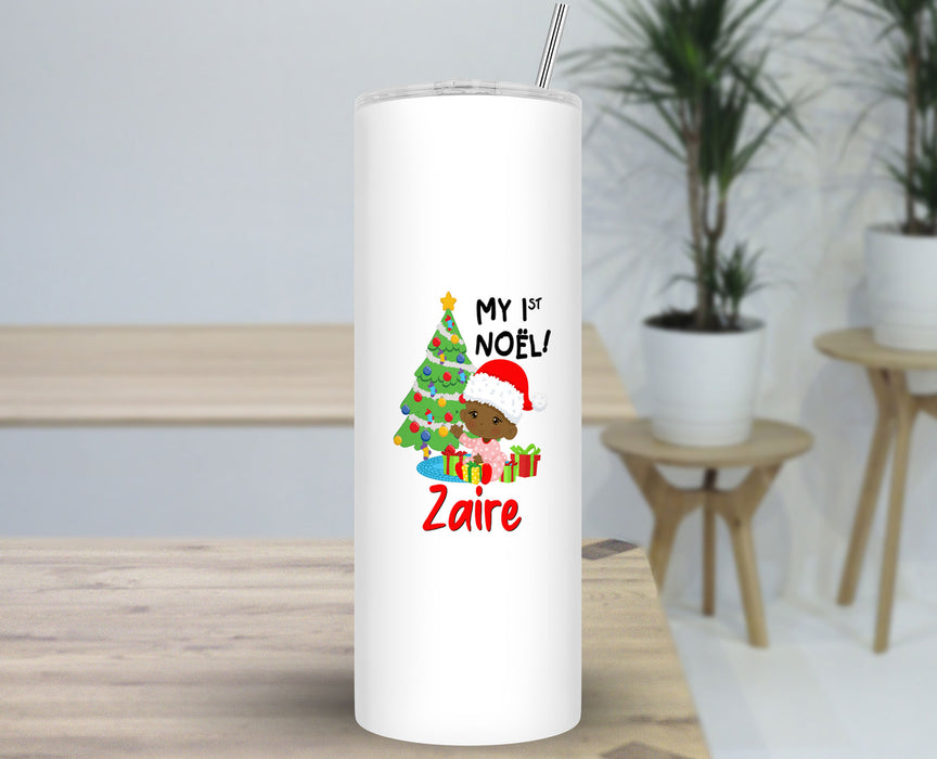 Black Santa Personalized 30oz Travel Skinny Tumbler - Baby My First Noel