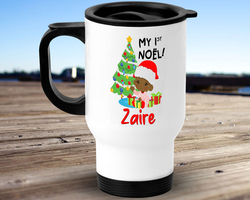 Black Santa Personalized 14oz Insulated Travel Mug - Baby My First Noel