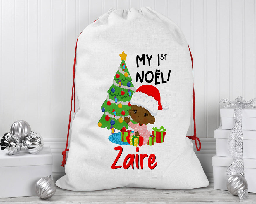 Black Santa Personalized Reusable Santa Sack - Baby My First Noel