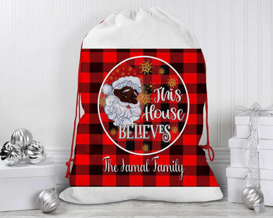 Black Santa Personalized Reusable Santa Sack - This House Believe Custom Family Name