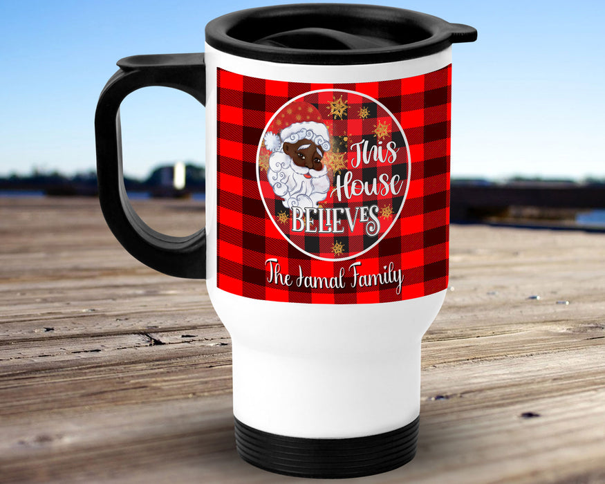 Black Santa Personalized 14oz Insulated Travel Mug - This House Believe Custom Family Name