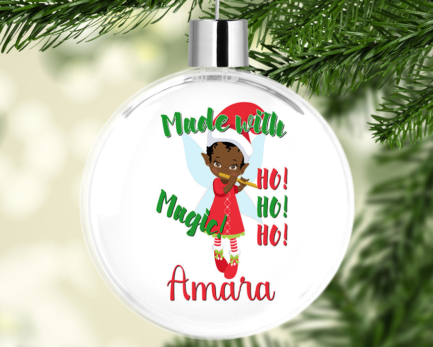 Black Santa Personalized Christmas Tree Ornament - Brown Musical Elf Black Girl Magic Tree